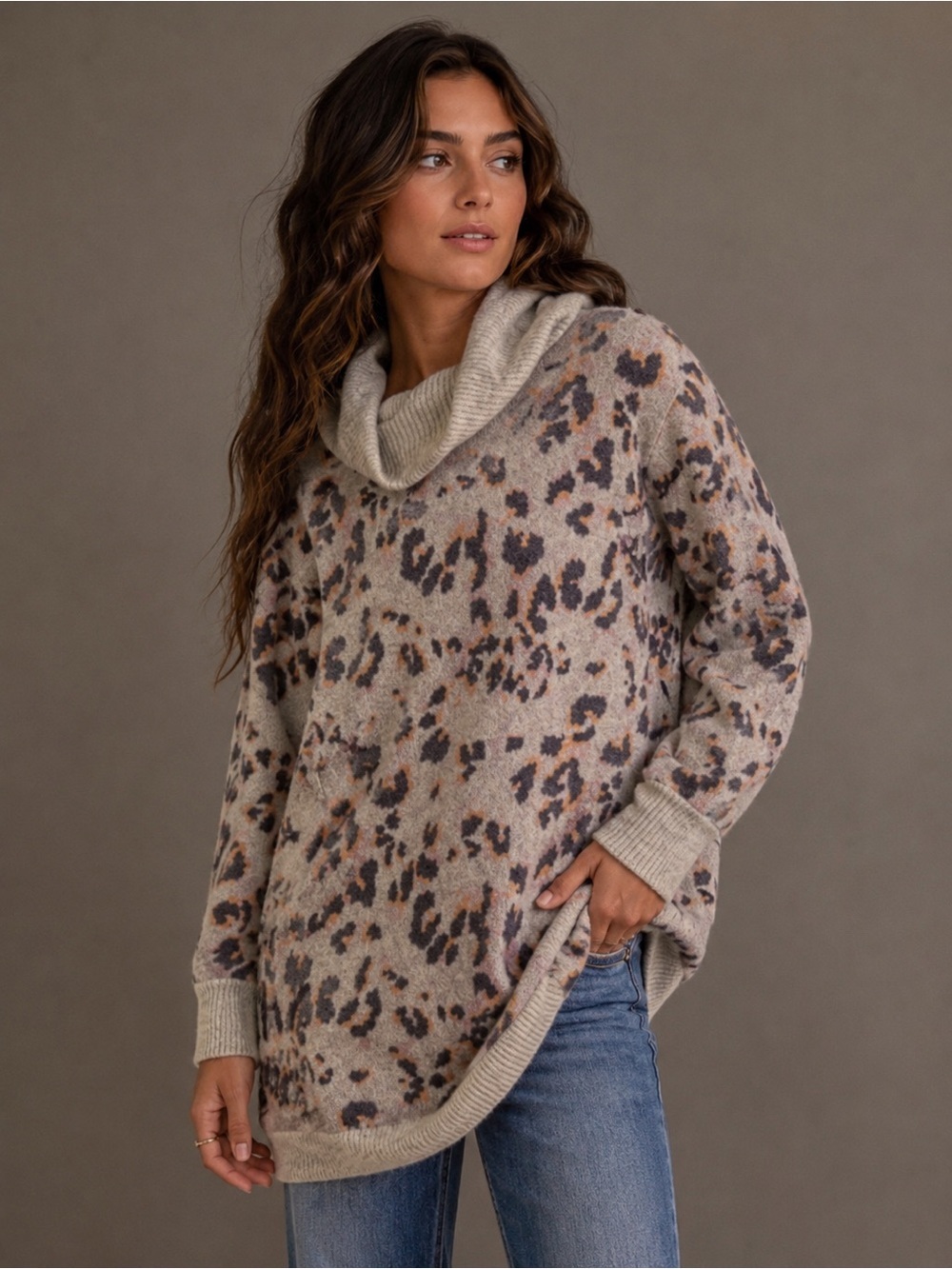 ANTHROPOLOGIE Emmy Cowl Neck Wool Blend Leopard Print Tunic Size M NEW